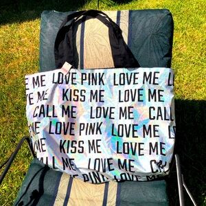 Victorias Secret Pink Holographic Kiss Me Love Me Beach Tote Book Bag NWT